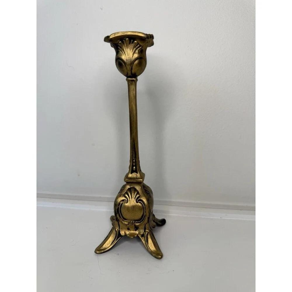 Vintage Gold Tone Ornate Candlestick Holder 8” Hollywood Regency Gothic Decor
